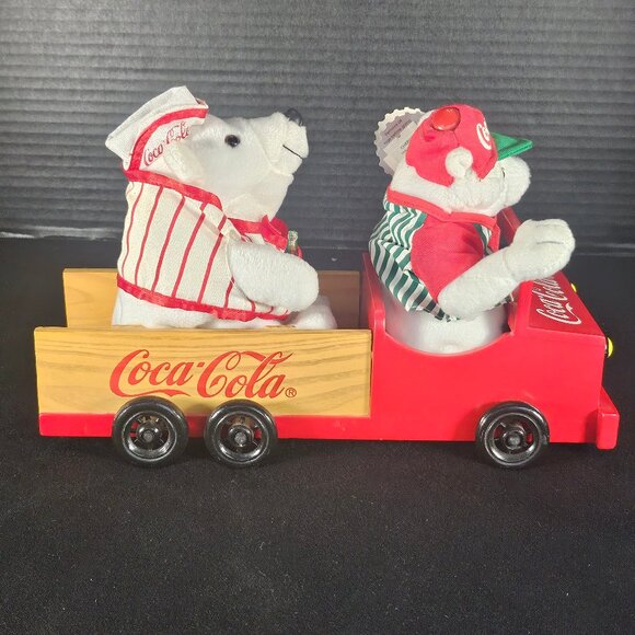 Vintage Red Wooden Coca Cola Truck With 2 White Coca Cola Bean Bag Plush Bears - Picture 5 of 11